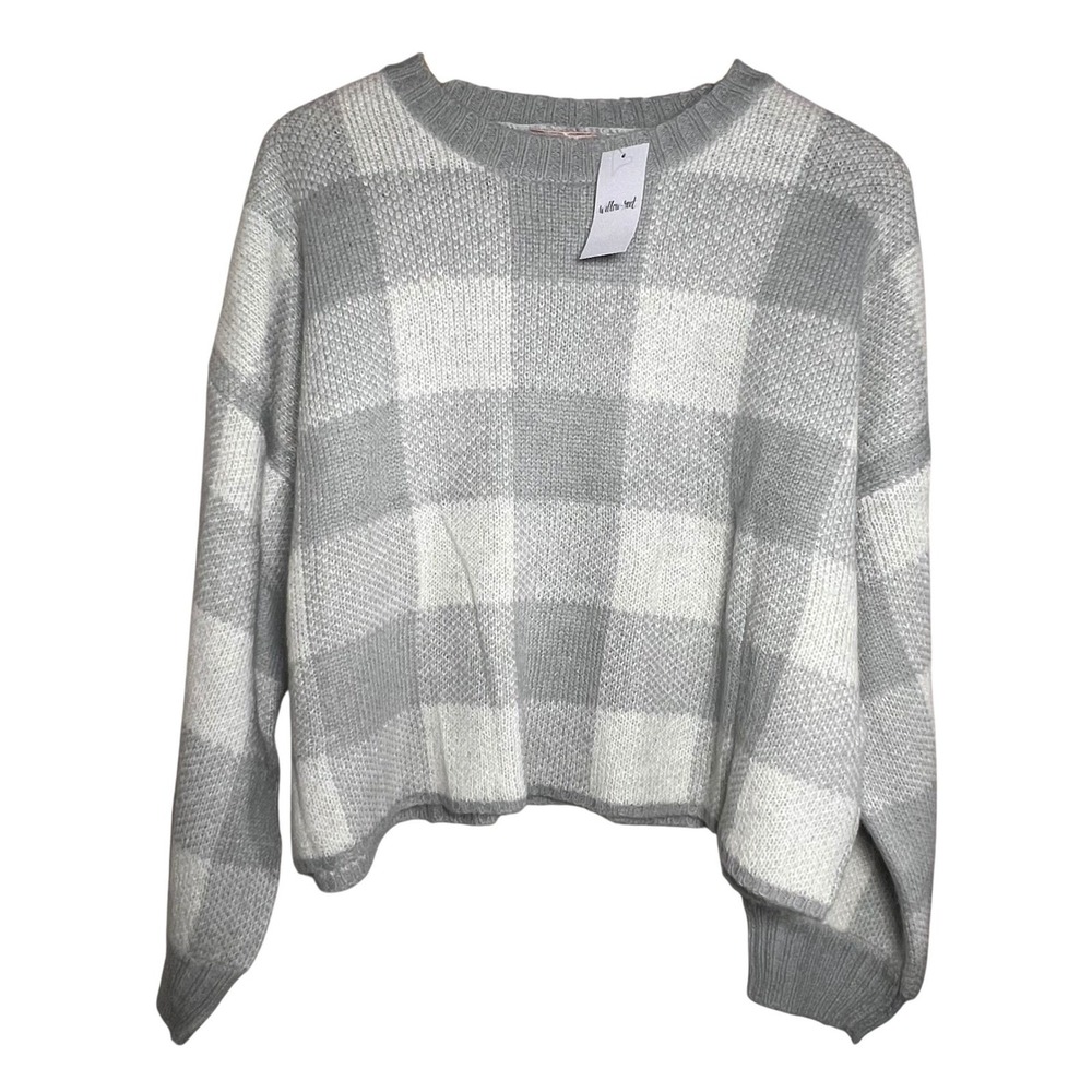 Willow Root Womens Grey White Buffalo Plaid Cropped Knit Sweater L Boxy NWT